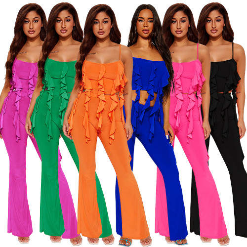 Ruffle Edge Sling Top Horn Pants Two Piece Set