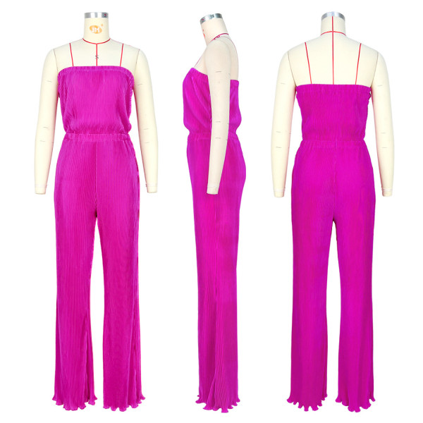Women's sexy and comfortable pleated cloth wrap chest and swing leg wide leg jumpsuit