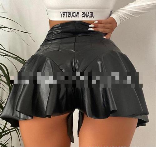 PU leather casual pants, pleated skirt, buttocks wrapped A-line shorts, leather skirt, ruffled edge, small leather pants