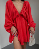 V-neck long sleeved dress with self-designed bubble sleeves and large swing skirt