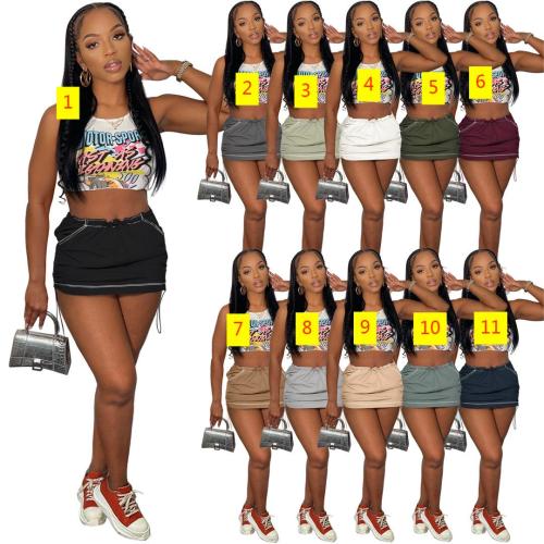 Solid color pleated rubber band spring buckle sports casual pocket work dress