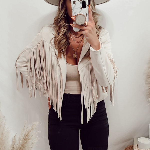 Women's jacket, leather jacket, deer skin velvet temperament, lapel, tassel short jacket