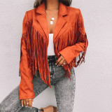 Women's jacket, leather jacket, deer skin velvet temperament, lapel, tassel short jacket