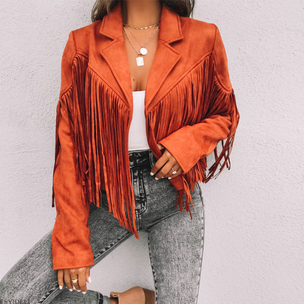 Women's jacket, leather jacket, deer skin velvet temperament, lapel, tassel short jacket