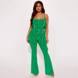 Ruffle Edge Sling Top Horn Pants Two Piece Set