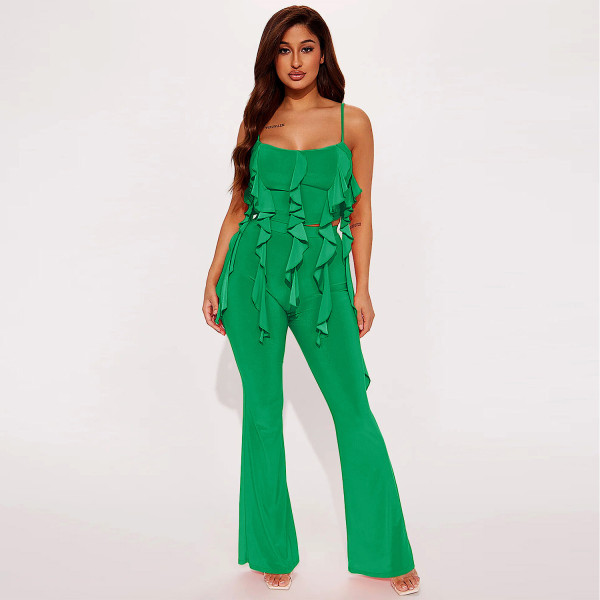 Ruffle Edge Sling Top Horn Pants Two Piece Set