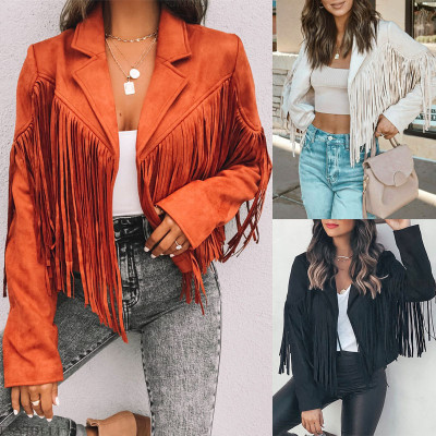 Women's jacket, leather jacket, deer skin velvet temperament, lapel, tassel short jacket