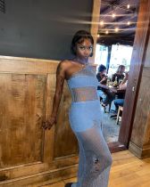 2023 One Shoulder Slim Beach Resort Sexy Long Dress Knitted Hollow out Long Dress Cover Up Summer Girl