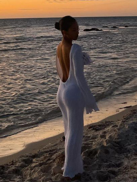 Open back long sleeved sexy knitted long skirt with tight buttocks and pit stripes, low waisted cored yarn dress for women