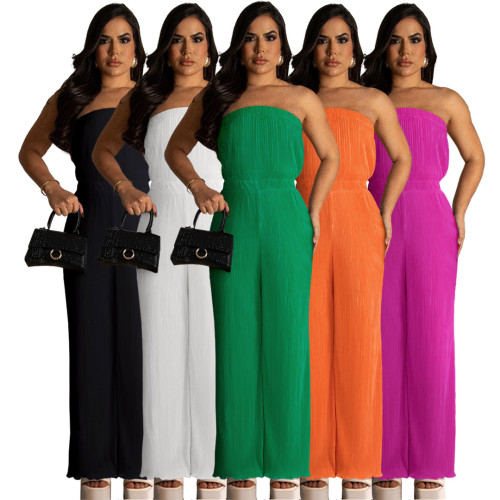 Women's sexy and comfortable pleated cloth wrap chest and swing leg wide leg jumpsuit