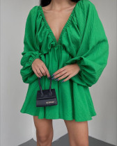 V-neck long sleeved dress with self-designed bubble sleeves and large swing skirt
