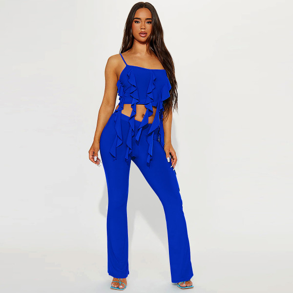 Ruffle Edge Sling Top Horn Pants Two Piece Set