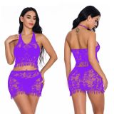 Sexy Tassel Wrapped Hip Short Skirt Hanging Neck Hollow Sleeping Dress Women's Two Piece Set