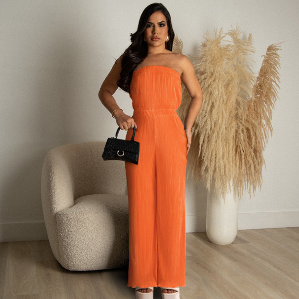 Women's sexy and comfortable pleated cloth wrap chest and swing leg wide leg jumpsuit