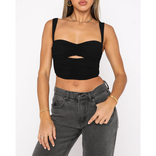 Fashionable pleated hollowed out slim fitting suspender top