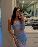 2023 One Shoulder Slim Beach Resort Sexy Long Dress Knitted Hollow out Long Dress Cover Up Summer Girl