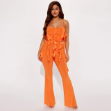 Ruffle Edge Sling Top Horn Pants Two Piece Set