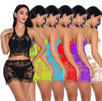 Sexy Tassel Wrapped Hip Short Skirt Hanging Neck Hollow Sleeping Dress Women's Two Piece Set
