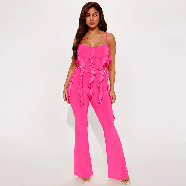 Ruffle Edge Sling Top Horn Pants Two Piece Set