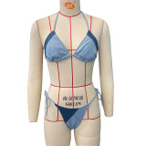 Denim color matching lace up bikini collection sexy split swimsuit set