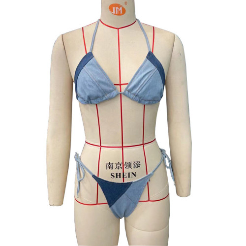 Denim color matching lace up bikini collection sexy split swimsuit set