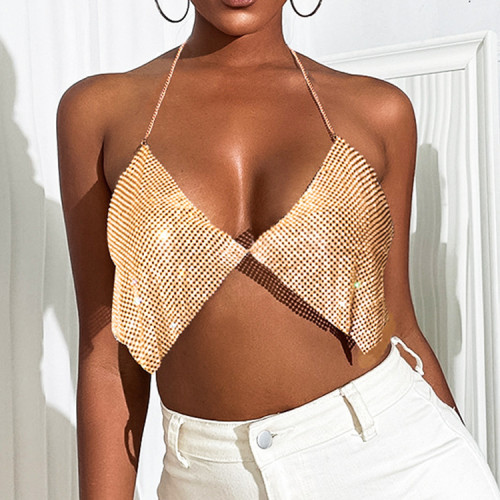 Hanging Neck Strap Open Back Bra Top Metal Spliced Spicy Girl Strap Rhinestone Women's Wear Inner Layer Tank Top