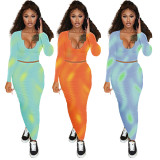 Sexy U-neck autumn/winter long sleeved tie dyed half skirt two-piece set
