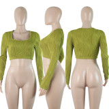 Square neck wavy elastic slim sexy top