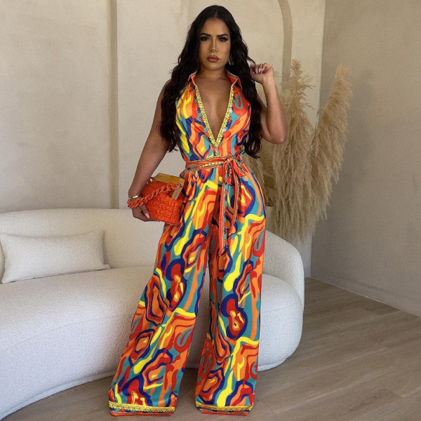 Ethnic style sleeveless positioning printed wide leg jumpsuit
