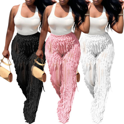 Wave pattern perspective high waisted wide leg pants