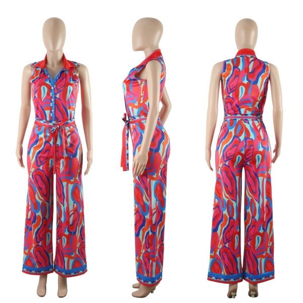 Ethnic style sleeveless positioning printed wide leg jumpsuit
