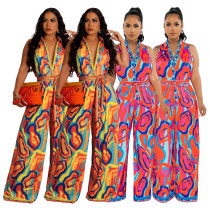 Ethnic style sleeveless positioning printed wide leg jumpsuit