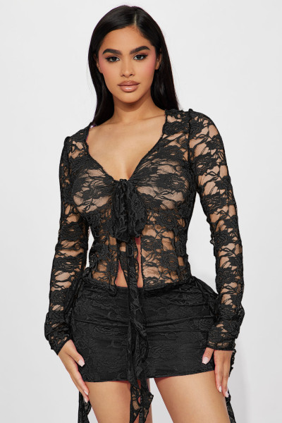 Elastic Lace V-Neck Lace Up Perspective Sexy Short Skirt Set of Two