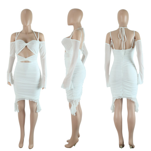 Pleated double layer mesh ruffle sexy evening dress