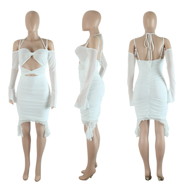 Pleated double layer mesh ruffle sexy evening dress