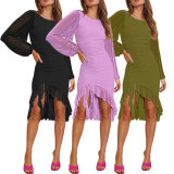 Long Sleeve Temperament Mesh Perspective Irregular Ruffled Dress