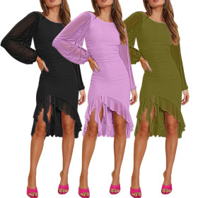 Long Sleeve Temperament Mesh Perspective Irregular Ruffled Dress
