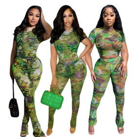 Fashion printed round neck micro flare pants slim and sexy two-piece set