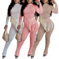 Irregular hem fringed long sleeved pants two-piece set Irregular hem fringed long sleeved pants two-piece set