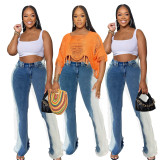 Stretch gradient color blocking micro flare buttocks sexy jeans