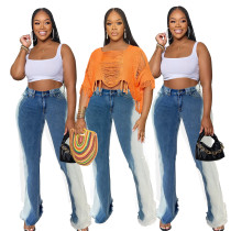 Stretch gradient color blocking micro flare buttocks sexy jeans