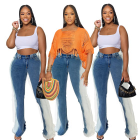Stretch gradient color blocking micro flare buttocks sexy jeans