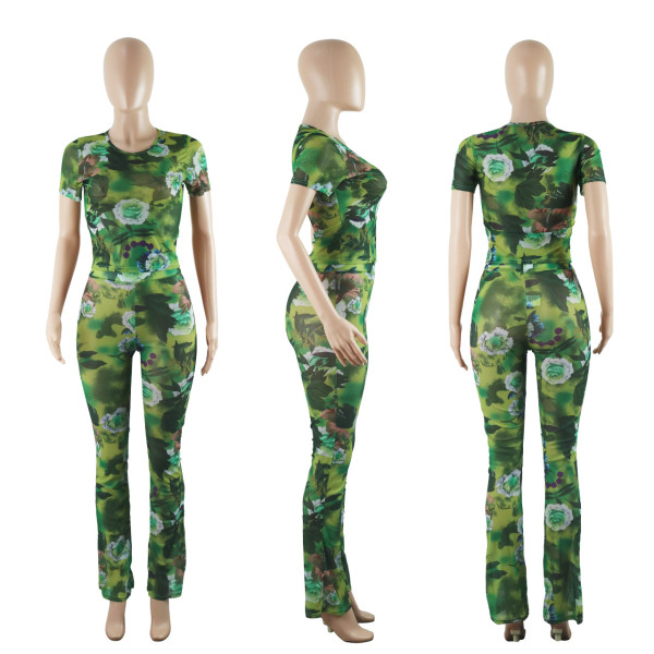 Fashion printed round neck micro flare pants slim and sexy two-piece set