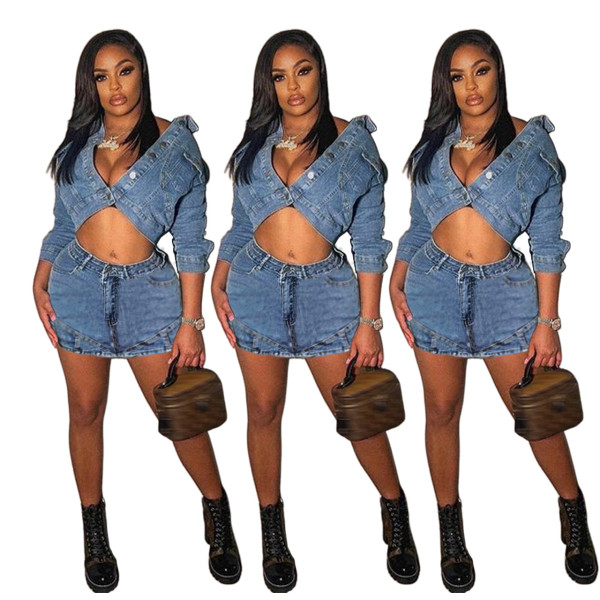 Stretch washed denim jacket short skirt two-piece set
