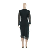 Long Sleeve Temperament Mesh Perspective Irregular Ruffled Dress