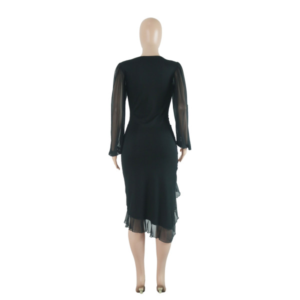 Long Sleeve Temperament Mesh Perspective Irregular Ruffled Dress