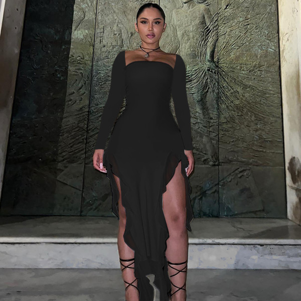 Temperament square neck long sleeved mesh patchwork ruffled slit dress