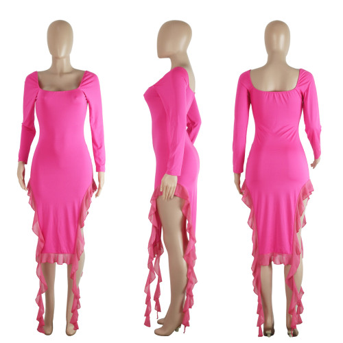 Temperament square neck long sleeved mesh patchwork ruffled slit dress