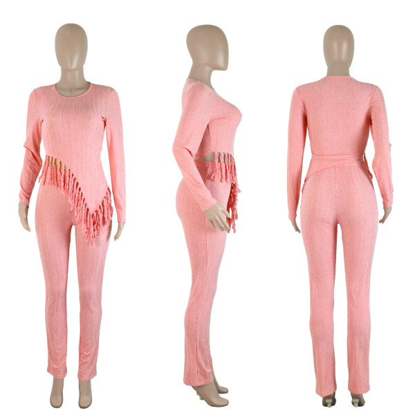 Irregular hem fringed long sleeved pants two-piece set