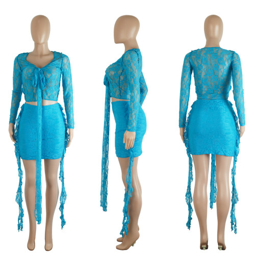 Elastic Lace V-Neck Lace Up Perspective Sexy Short Skirt Set of Two